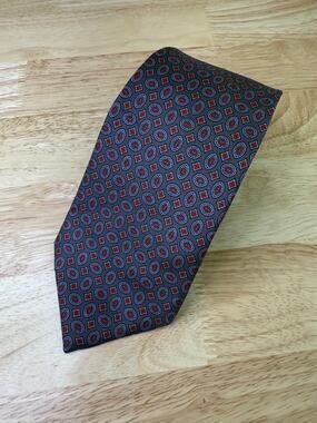 Claybrooke Men's 100% Silk Neck Tie Steel Blue Red Geometric